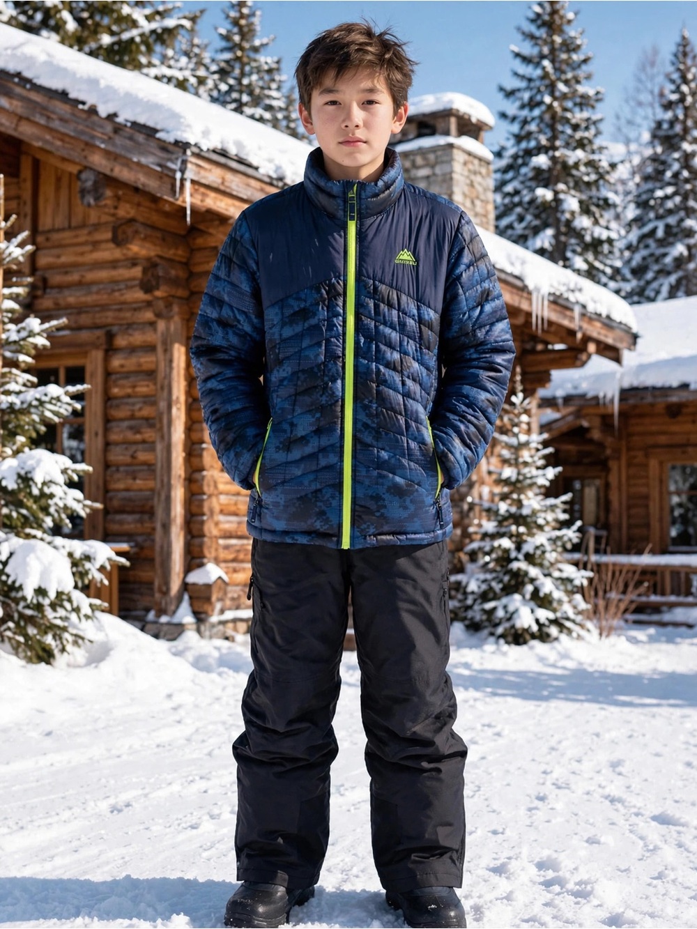 Snozu Kids Blue Quilted Puffer Jacket with Yellow Trim Snowboard Ski Sports Lrg - Picture 1 of 6